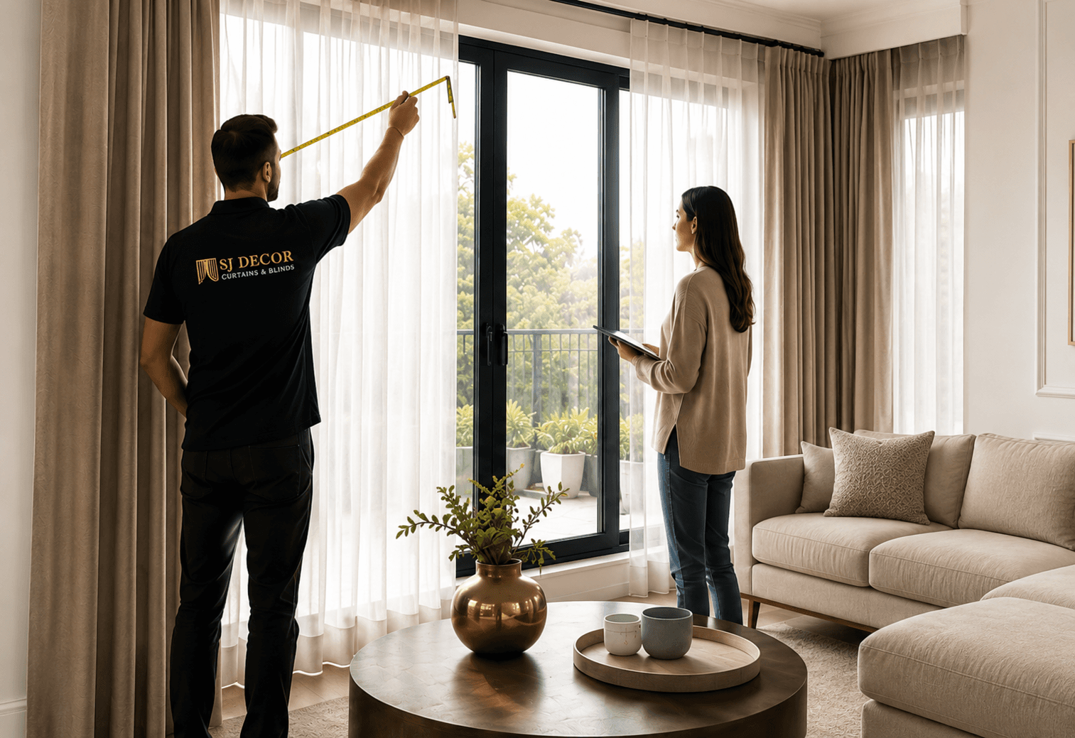 SJ Decor specialist taking free in-home measurements for blinds and curtains